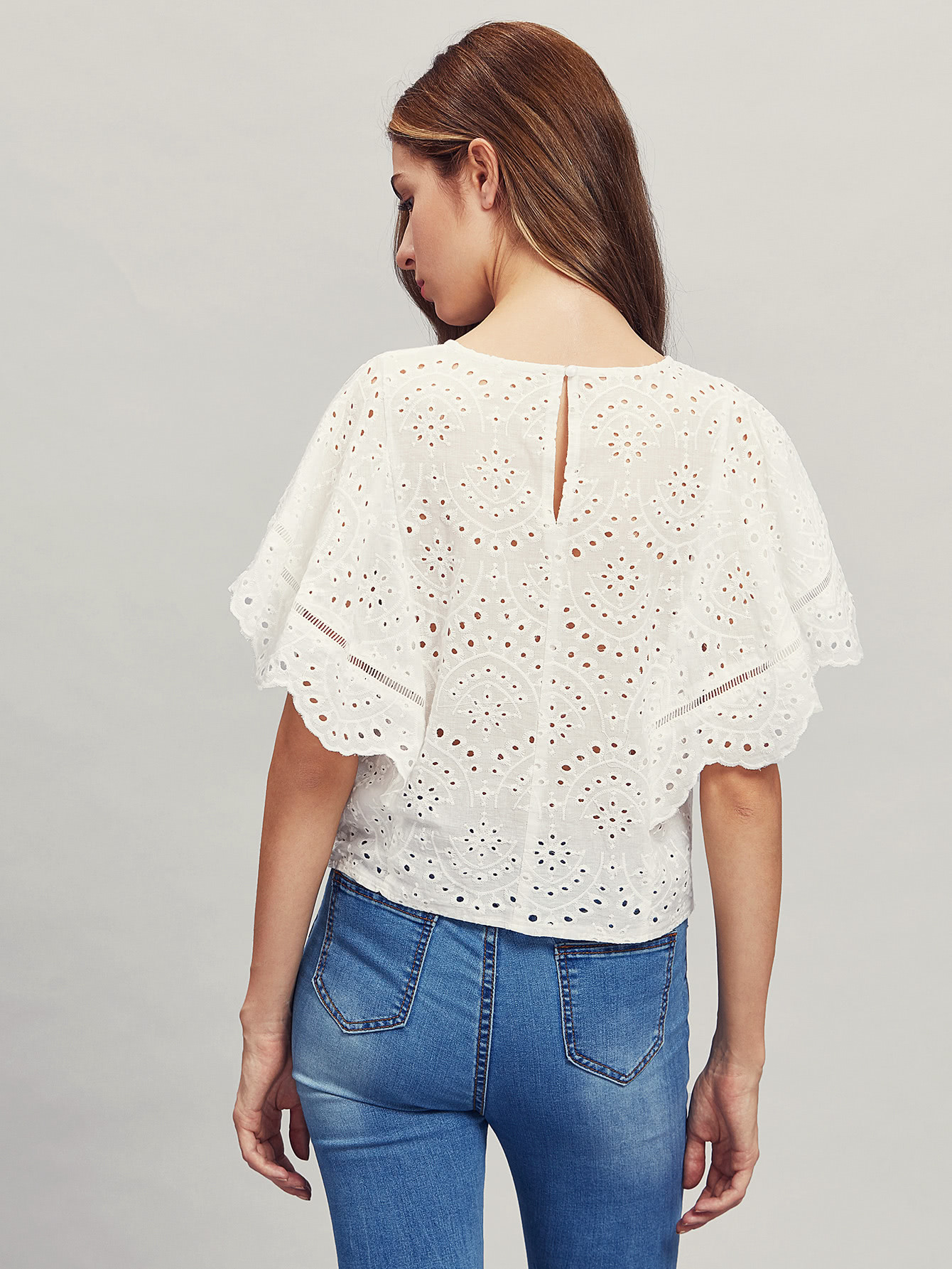 Ladder Lace Insert Cape Sleeve Eyelet Embroidered Top SheIn(Sheinside)