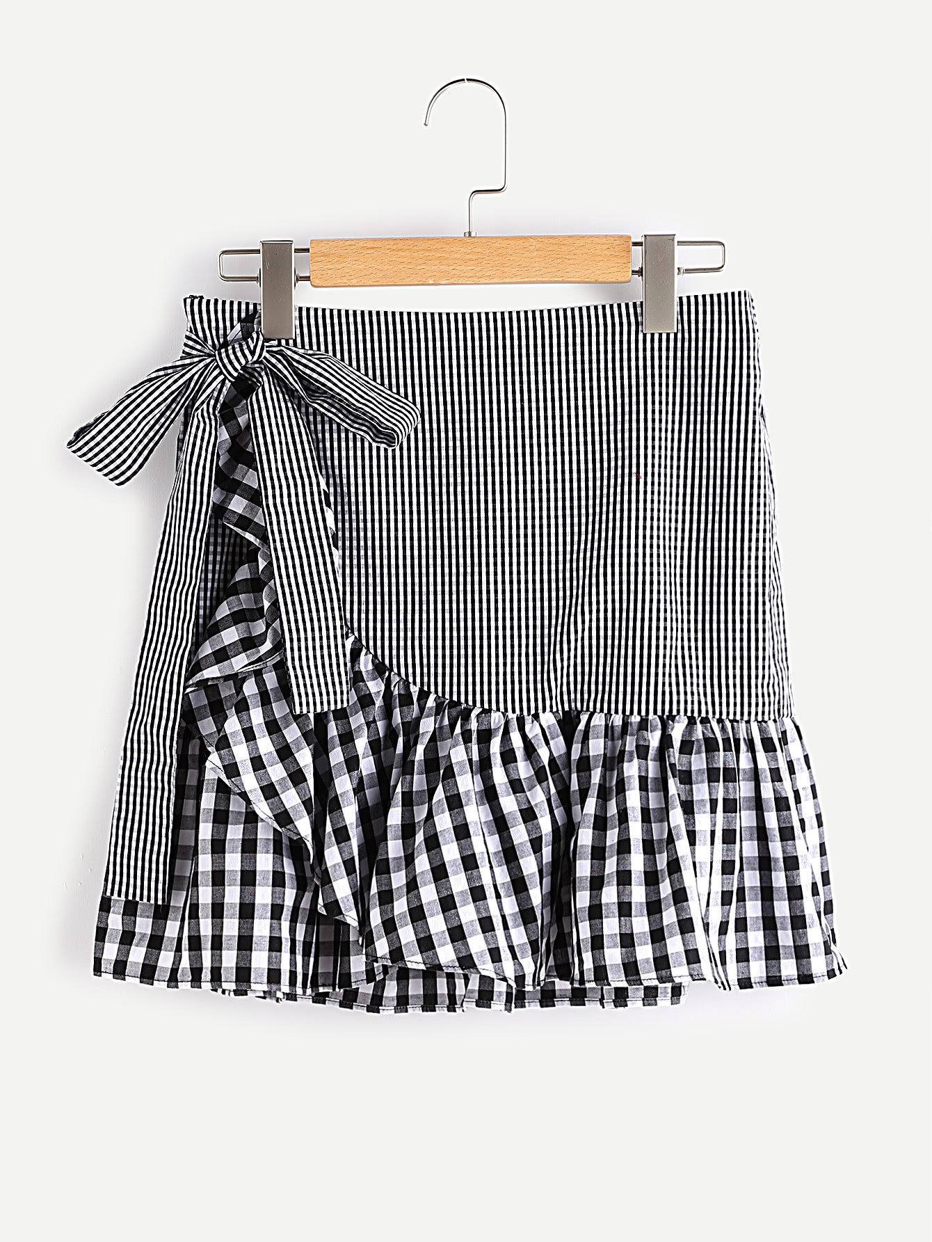 Self Belt Frill Trim Mixed Gingham Wrap Skirt SheIn(Sheinside)