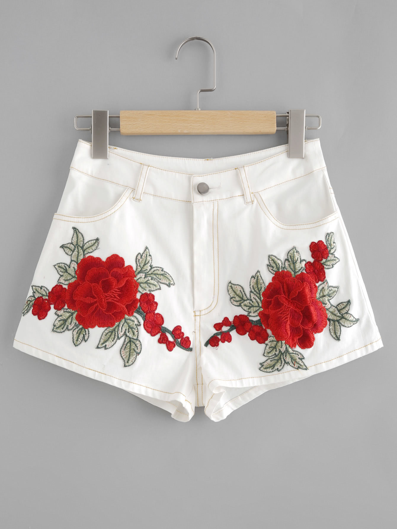 Embroidered Flower Patch Topstitch Shorts SheIn(Sheinside)