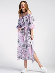 Bardot Lantern Sleeve Vertical Striped Florals Dress