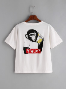 White Monkey Print Back T-shirt