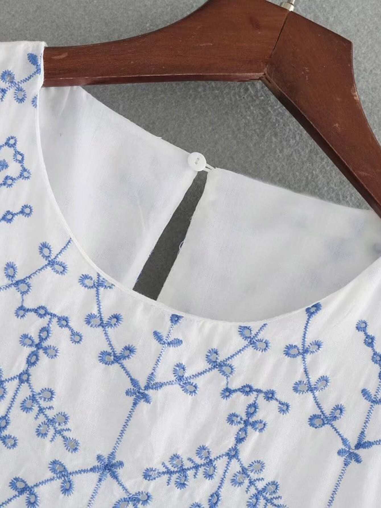 Bell Sleeve Wave Trim Embroidery Dress SheIn(Sheinside)