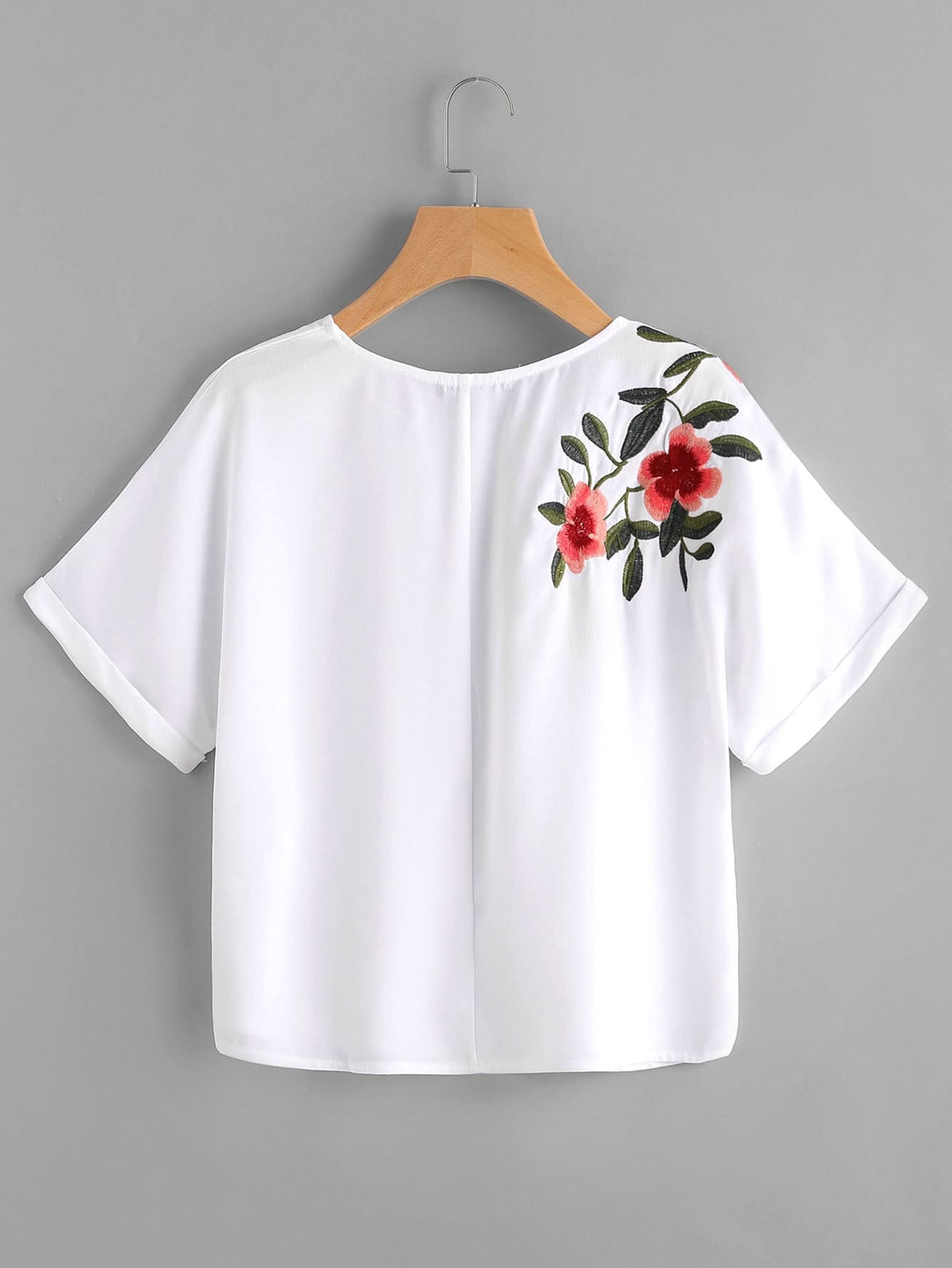 Rolled Cuff Embroidery Crop Tee SheIn(Sheinside)