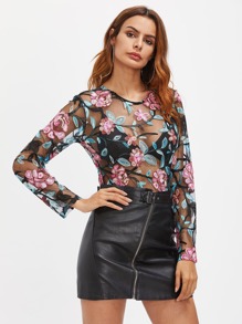 Flower Embroidery Sheer Bodysuit