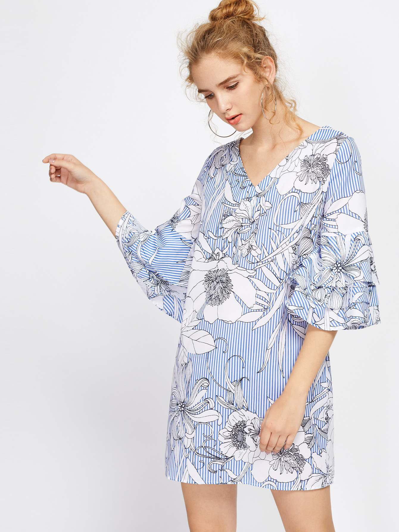 Vertical Striped Florals Tiered Flute Sleeve Dress shirred bardot tiered sleeve striped dress