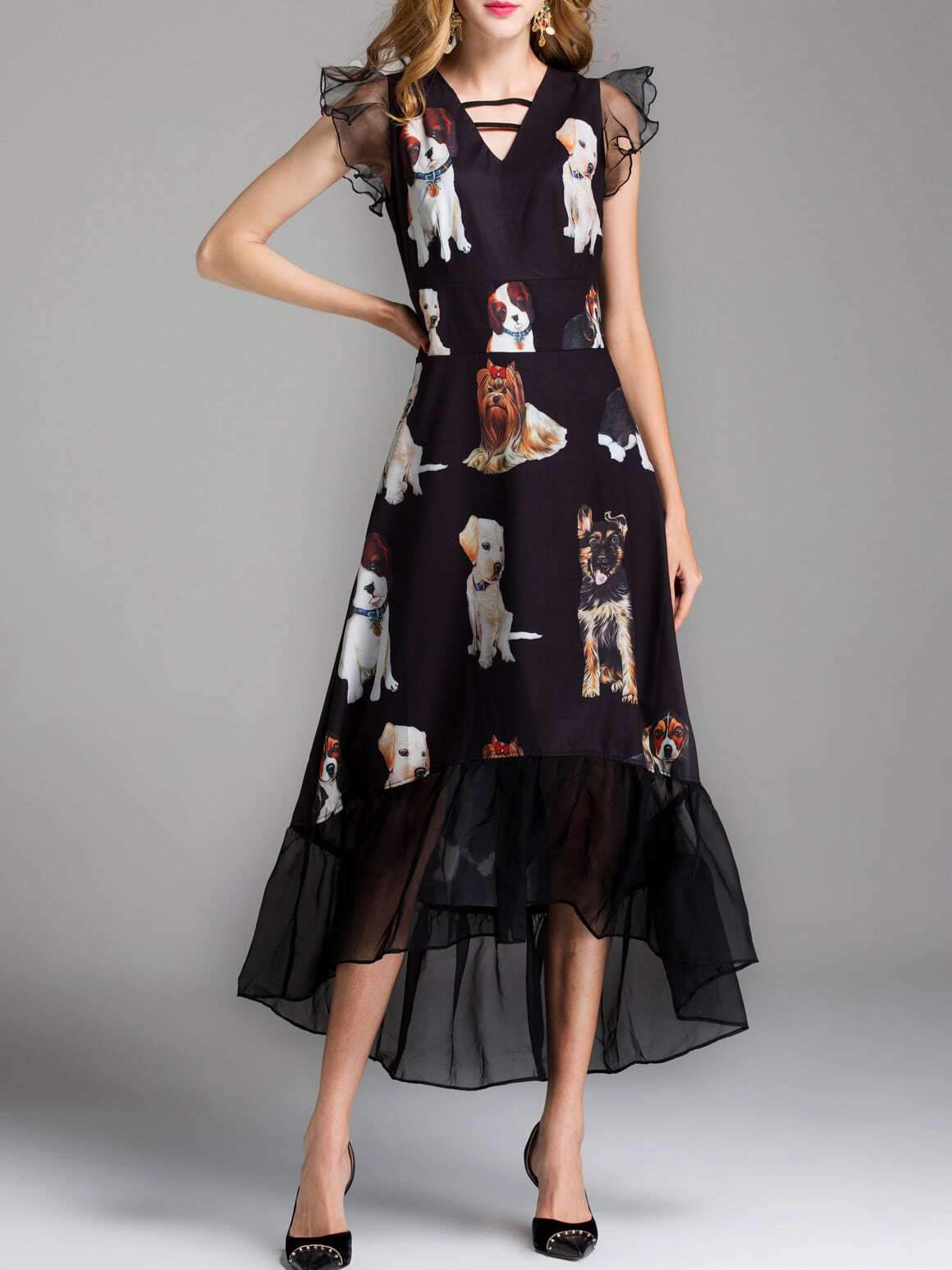 Dogs Print Ruffle Sleeve High Low Dress SheIn(Sheinside)