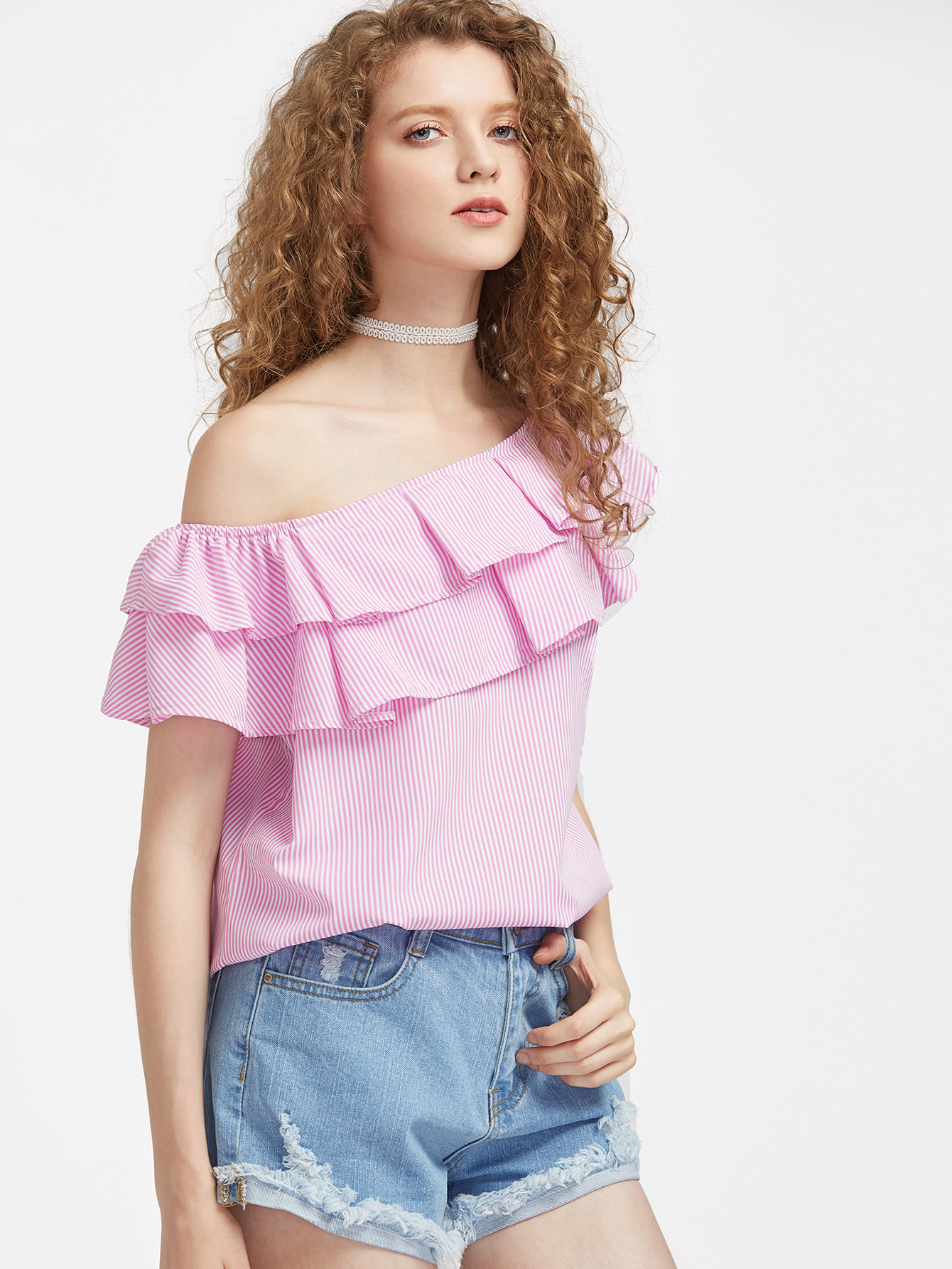 One Shoulder Pinstripe Layered Frill Trim Top