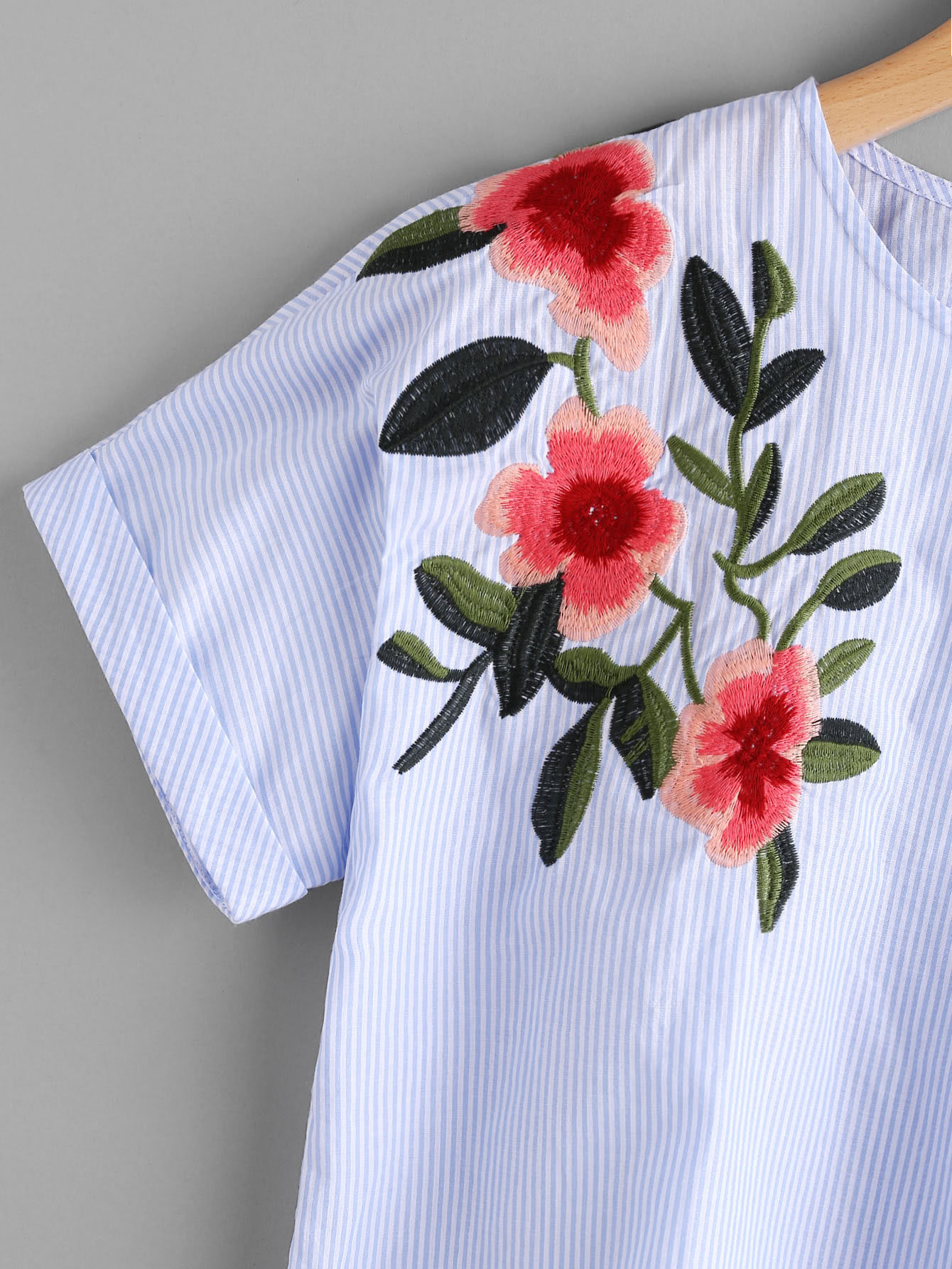 Flower Embroidered Cuffed Sleeve Top SheIn(Sheinside)