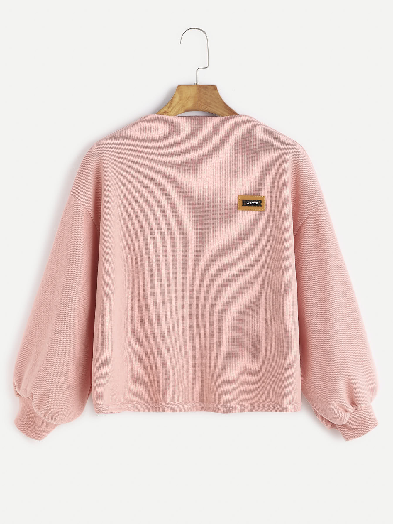 Pink Funnel Neck Drop Shoulder Lantern Sleeve Patch Sweatshirt