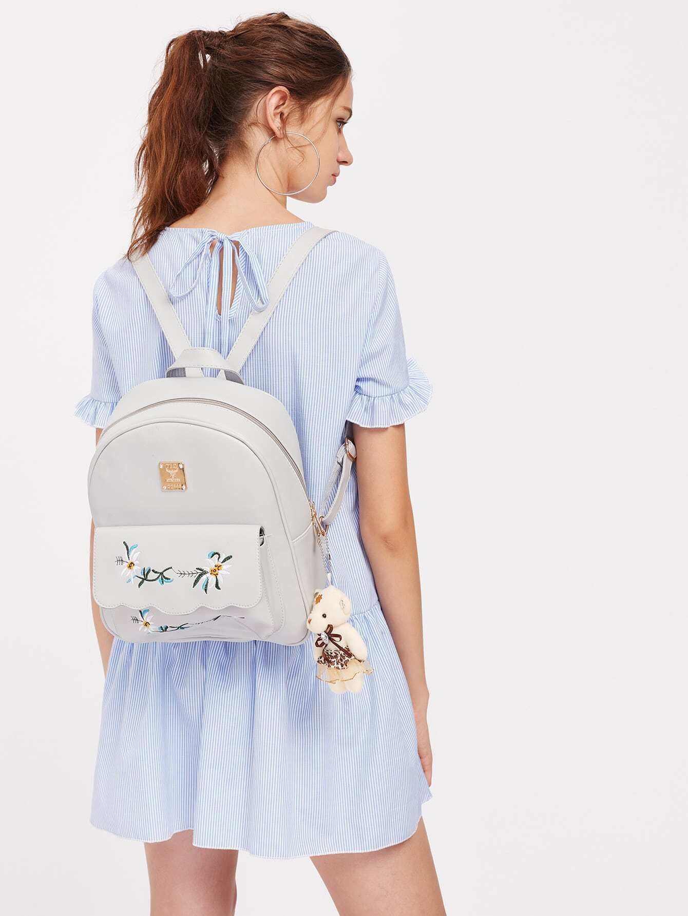 Flower Embroidery And Bear Decorated PU Backpack Set 4pcs SheIn(Sheinside)