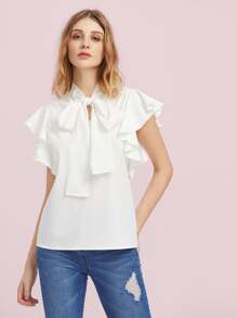 Bow Tie Front Flutter Sleeve Blouse