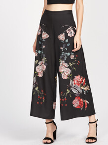 Botanical Print Zip Side Wide Leg Pants