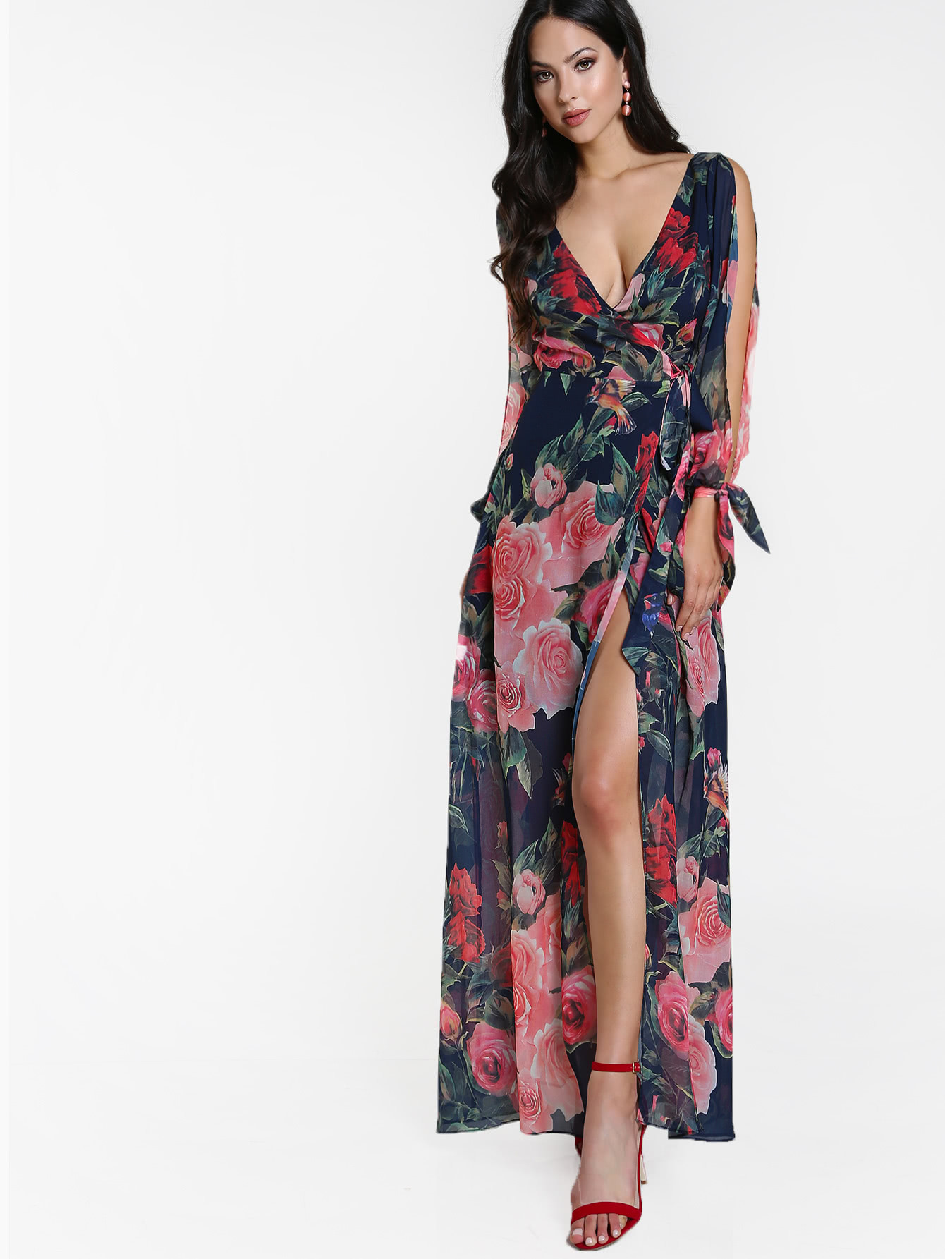 Surplice Front Open Back Split Sleeve Floral Dress