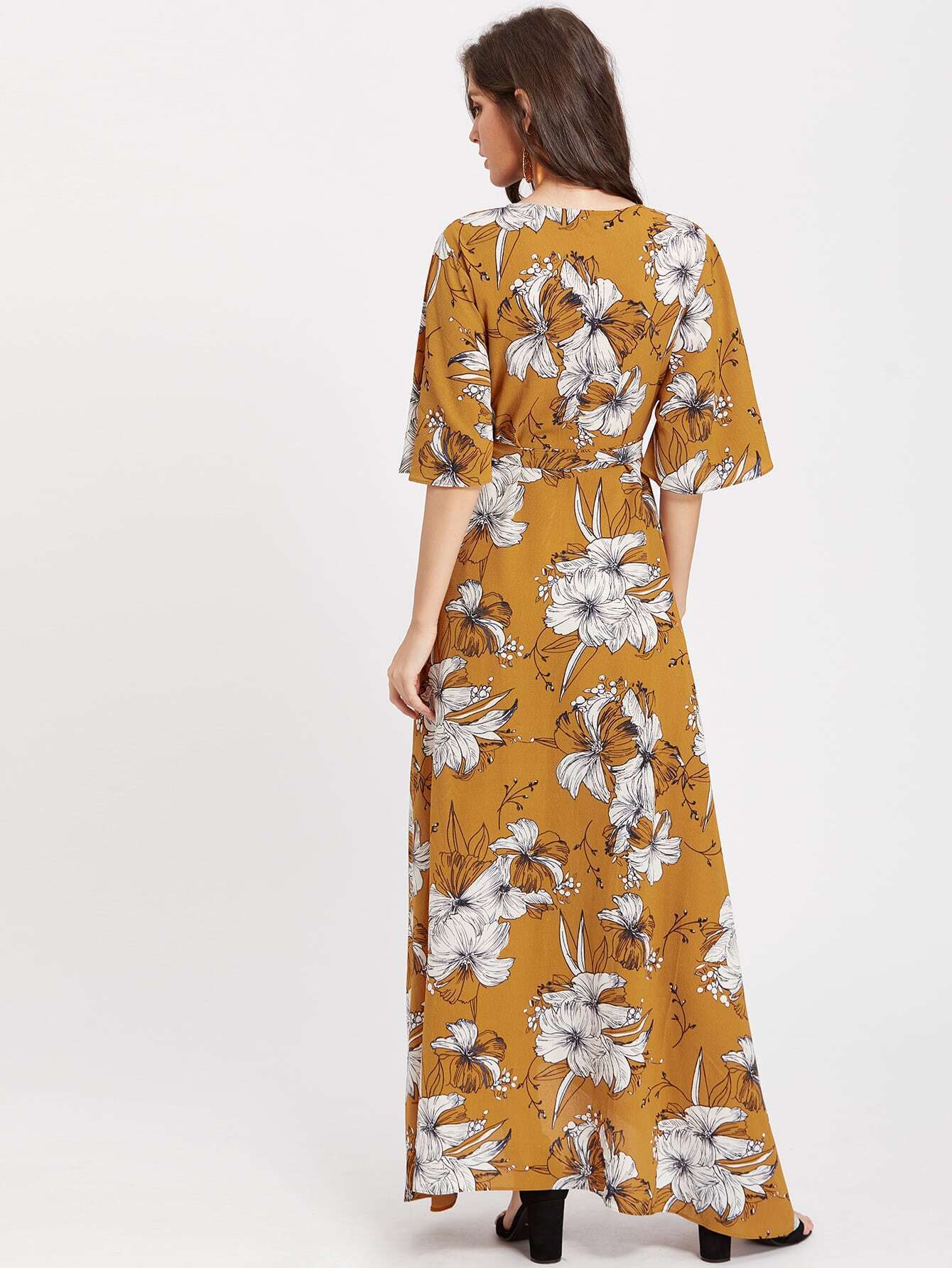 Kimono Sleeve Surplice Wrap Botanical Dress SheIn(Sheinside)