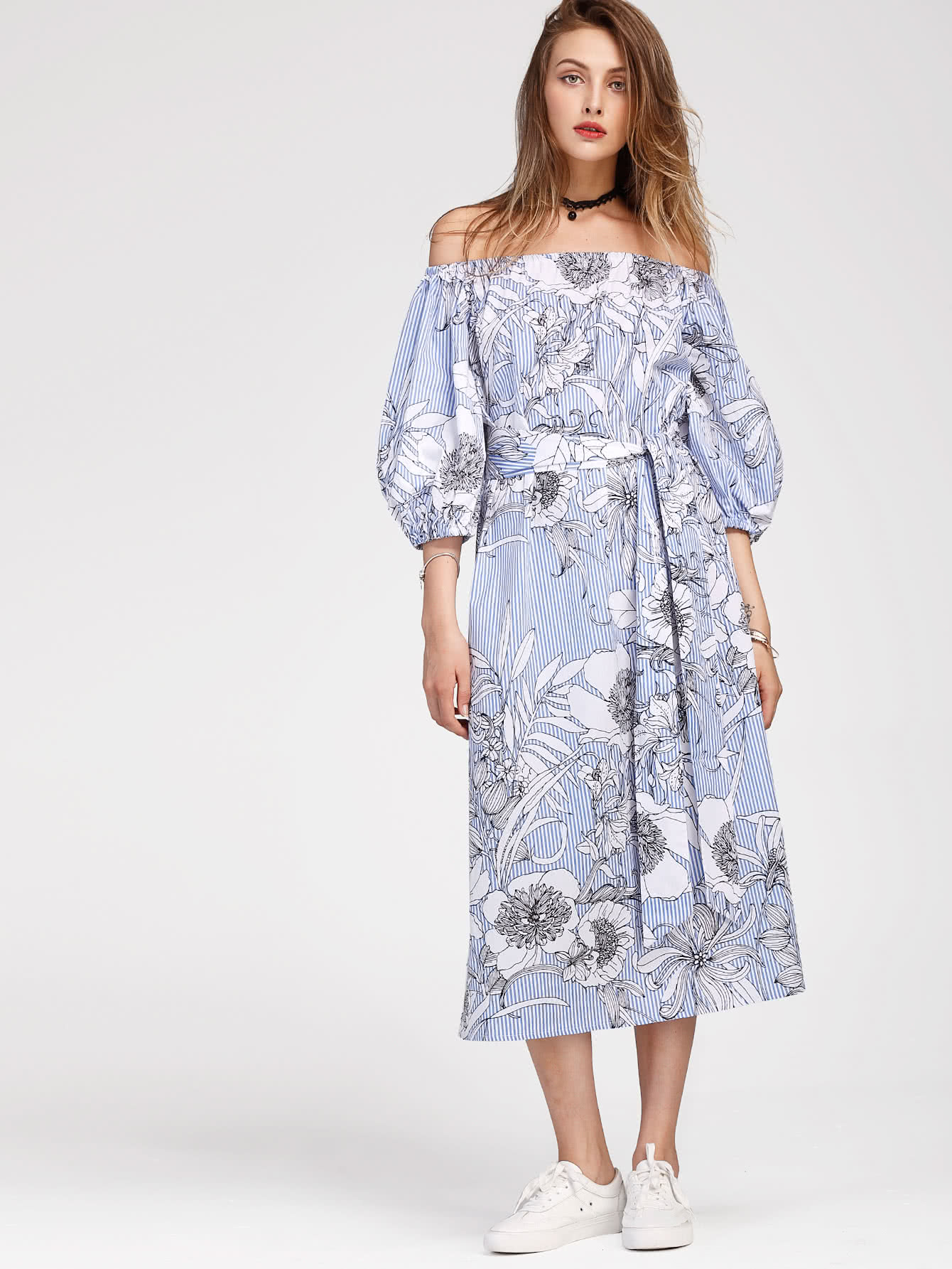 Bardot Lantern Sleeve Vertical Striped Florals Dress