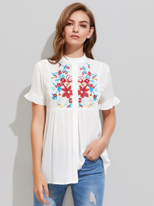 Embroidered Yoke Frilled Sleeve Crinkle Blouse