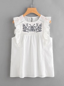 Embroidered Yoke Eyelet Frill Trim Shell Top