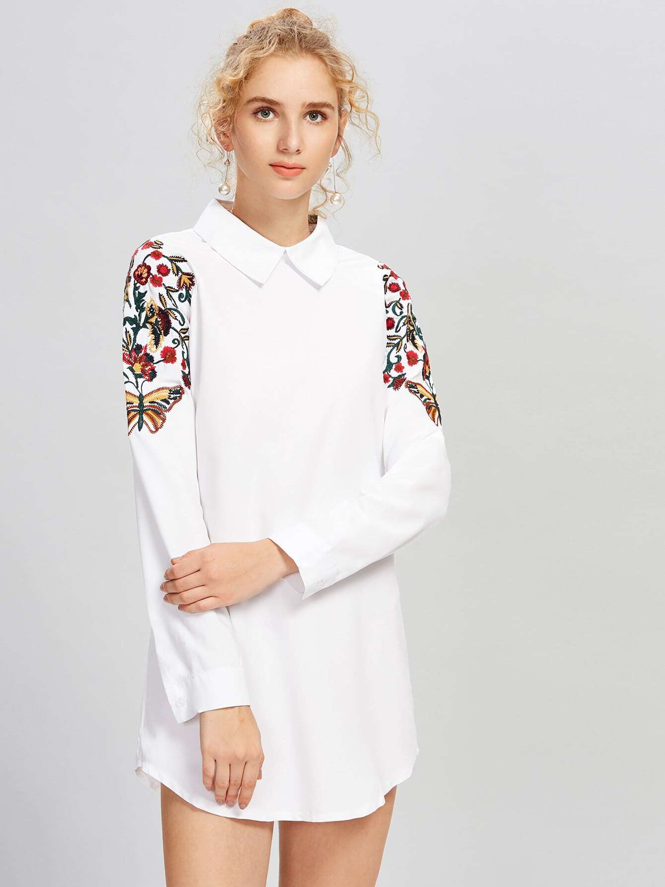 Shoulder Embroidery Shirt Dress SheIn(Sheinside)