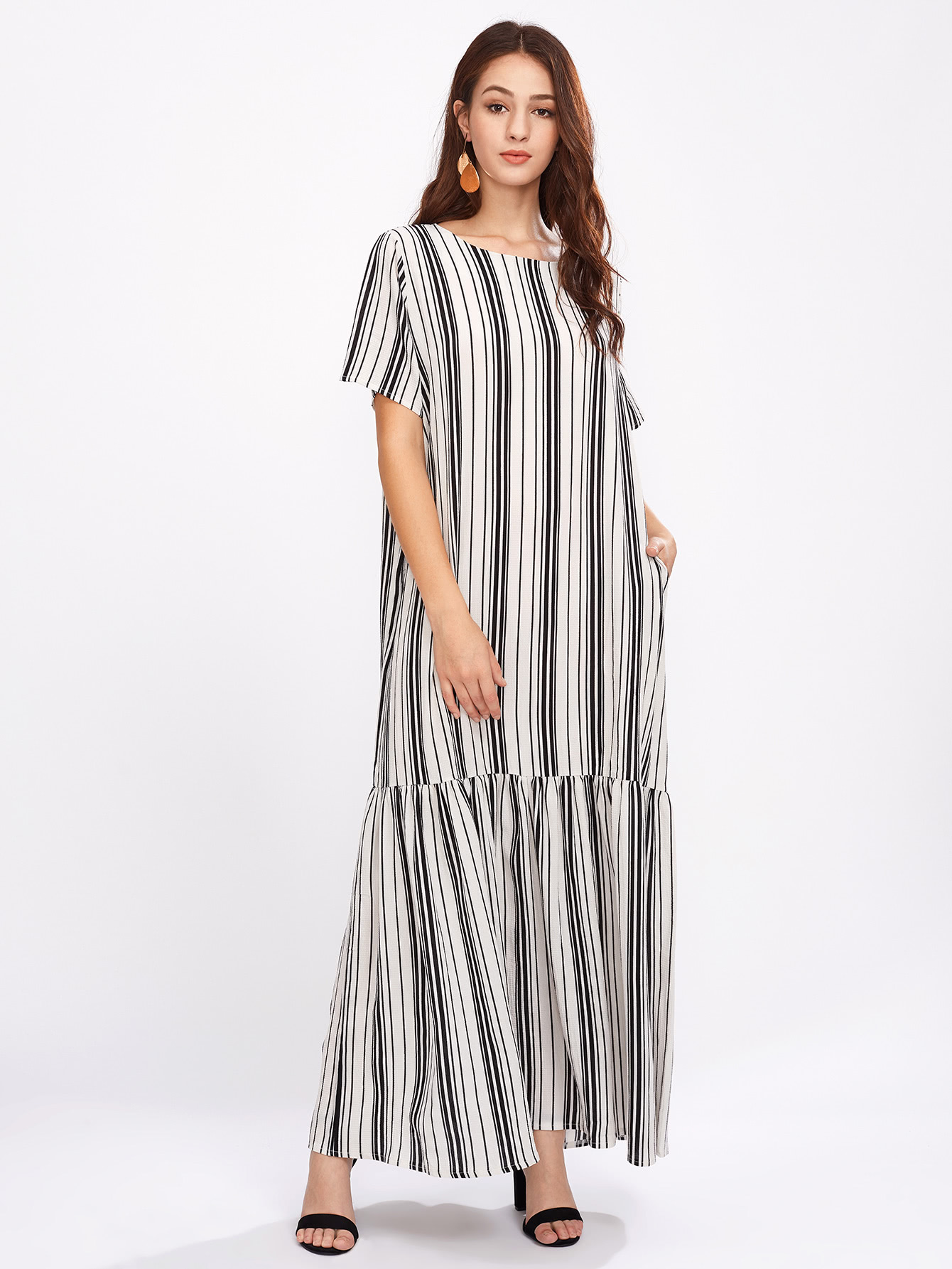 Vertical Striped Drop Waist Full Length Dress