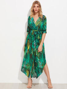 Allover Palm Leaf Print Curved Hem Shirt Dress