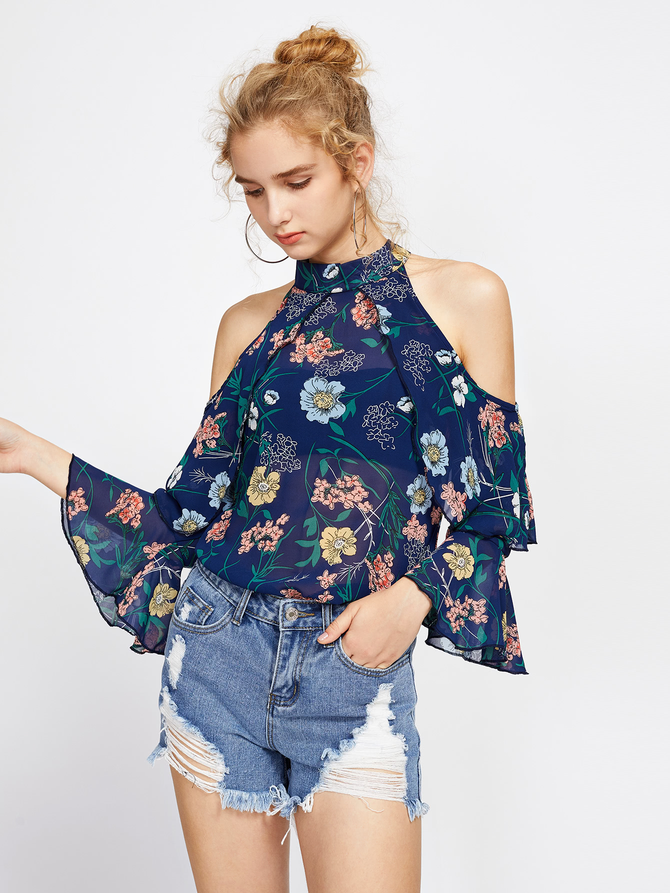 Random Foliage Print Open Shoulder Frill Layered Top
