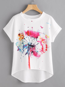 Watercolor Painting Print Dip Hem Chiffon Top