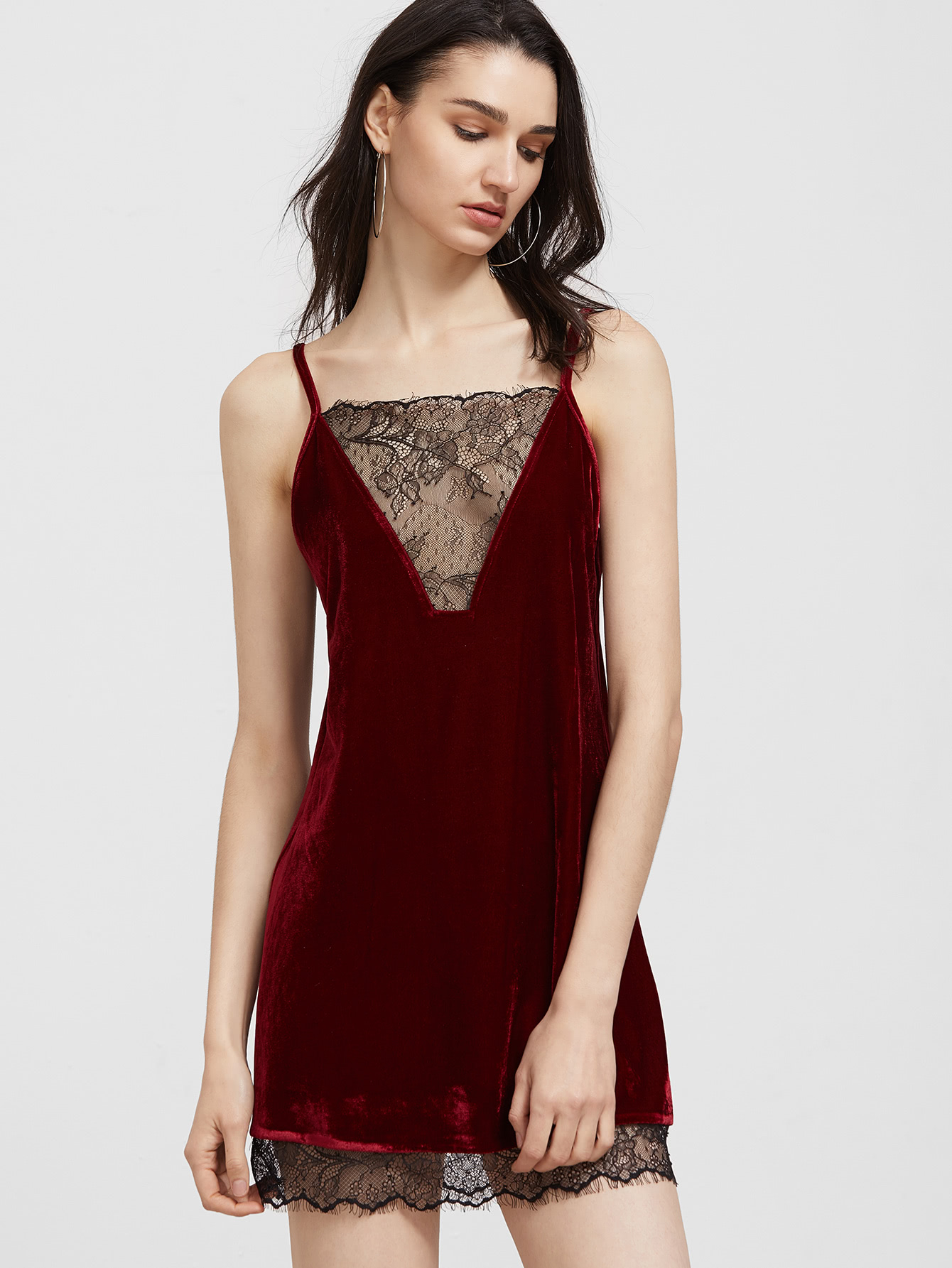 Contrast Lace Trim Strappy Back Velvet Cami Dress