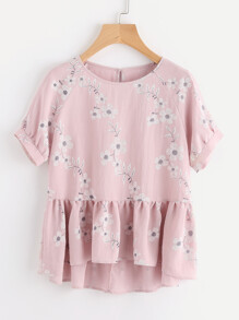 Botanical Print Raglan Sleeve Hi Lo Smock Top