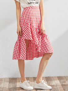 Elastic Waist Gingham Asymmetric Frill Skirt