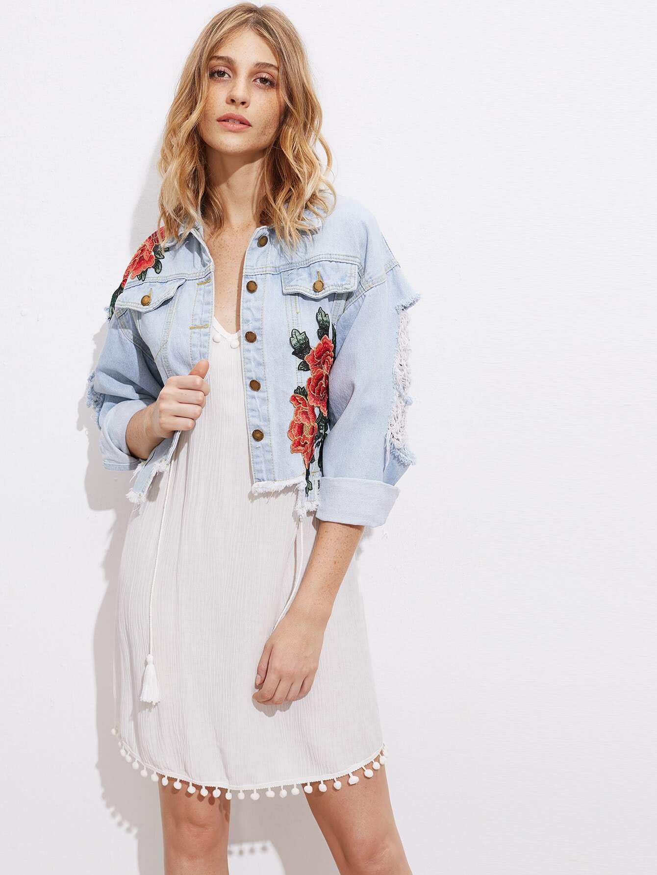 Embroidered Appliques Drop Shoulder Distressed Denim Jacket