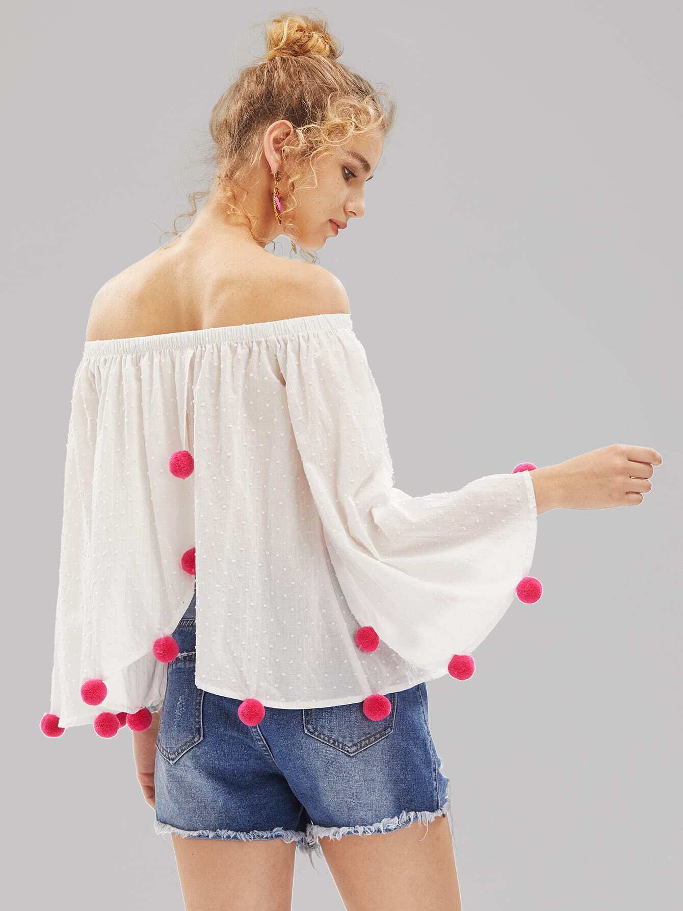 pom pom trim trumpet sleeve overlap back dot jacquard top pom pom trim trumpet sleeve overlap back dot jacquard top