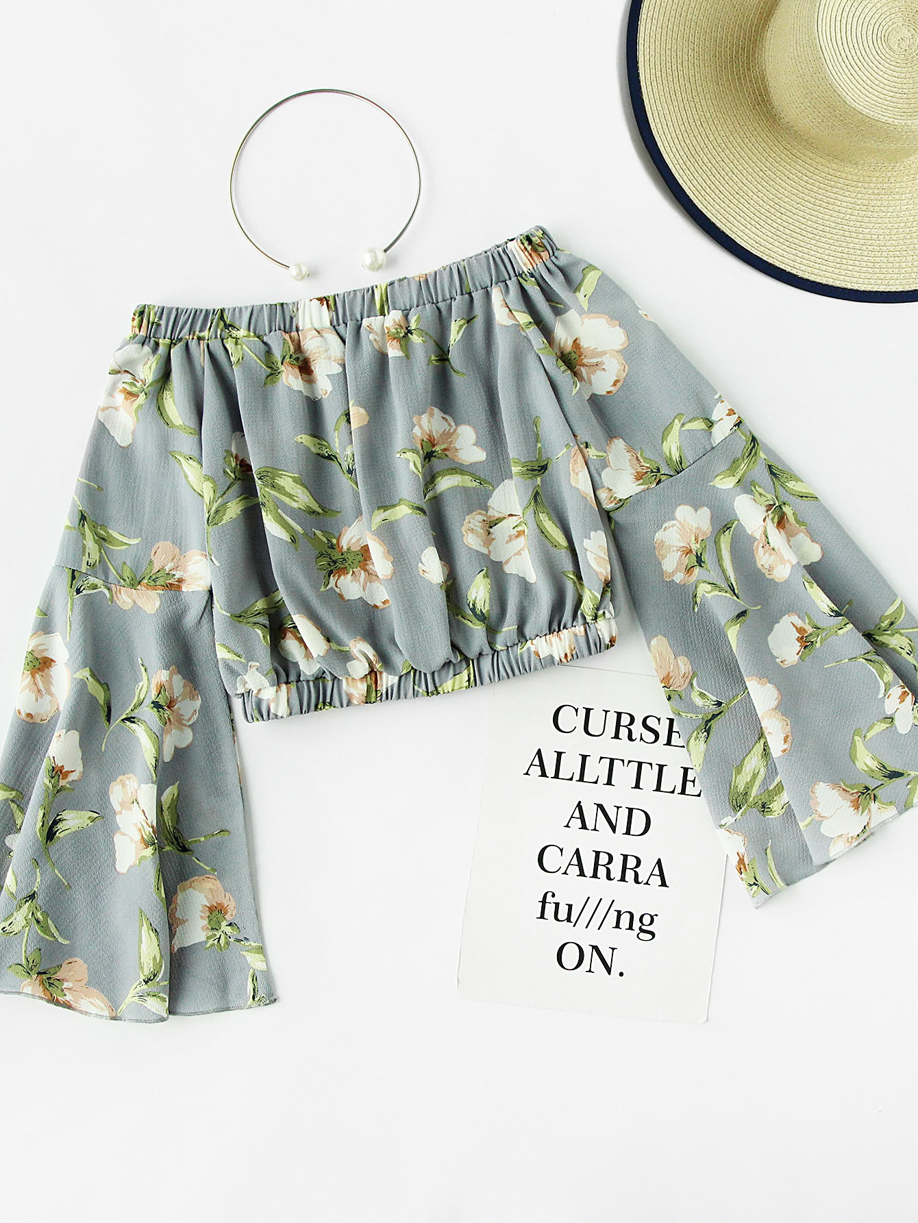 Bardot Floral Print Random Trumpet Sleeve Crop Top