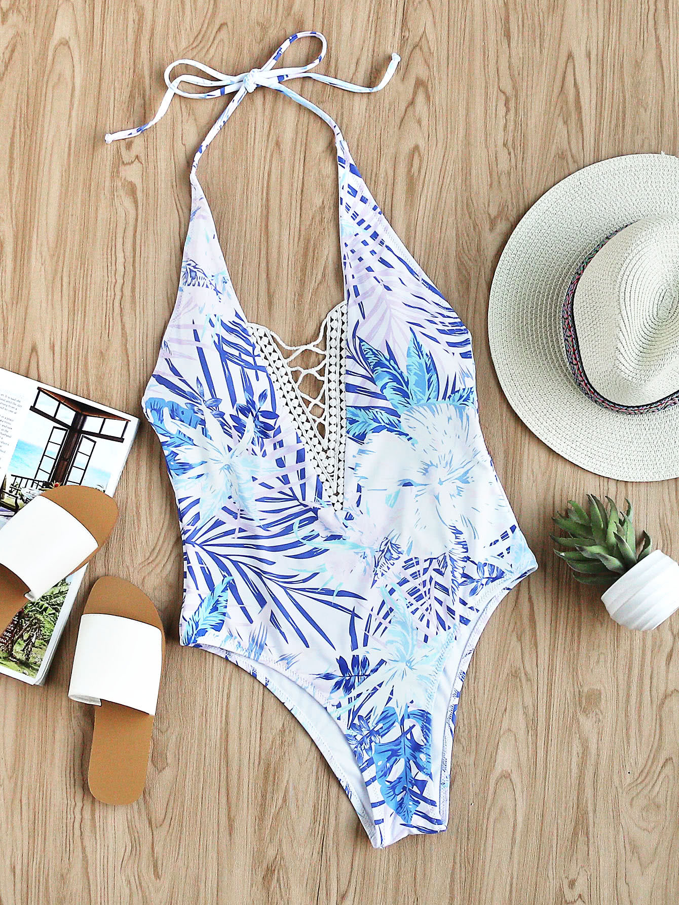 Crisscross Plunge Halter Neck Tropical Swimsuit SheIn(Sheinside)