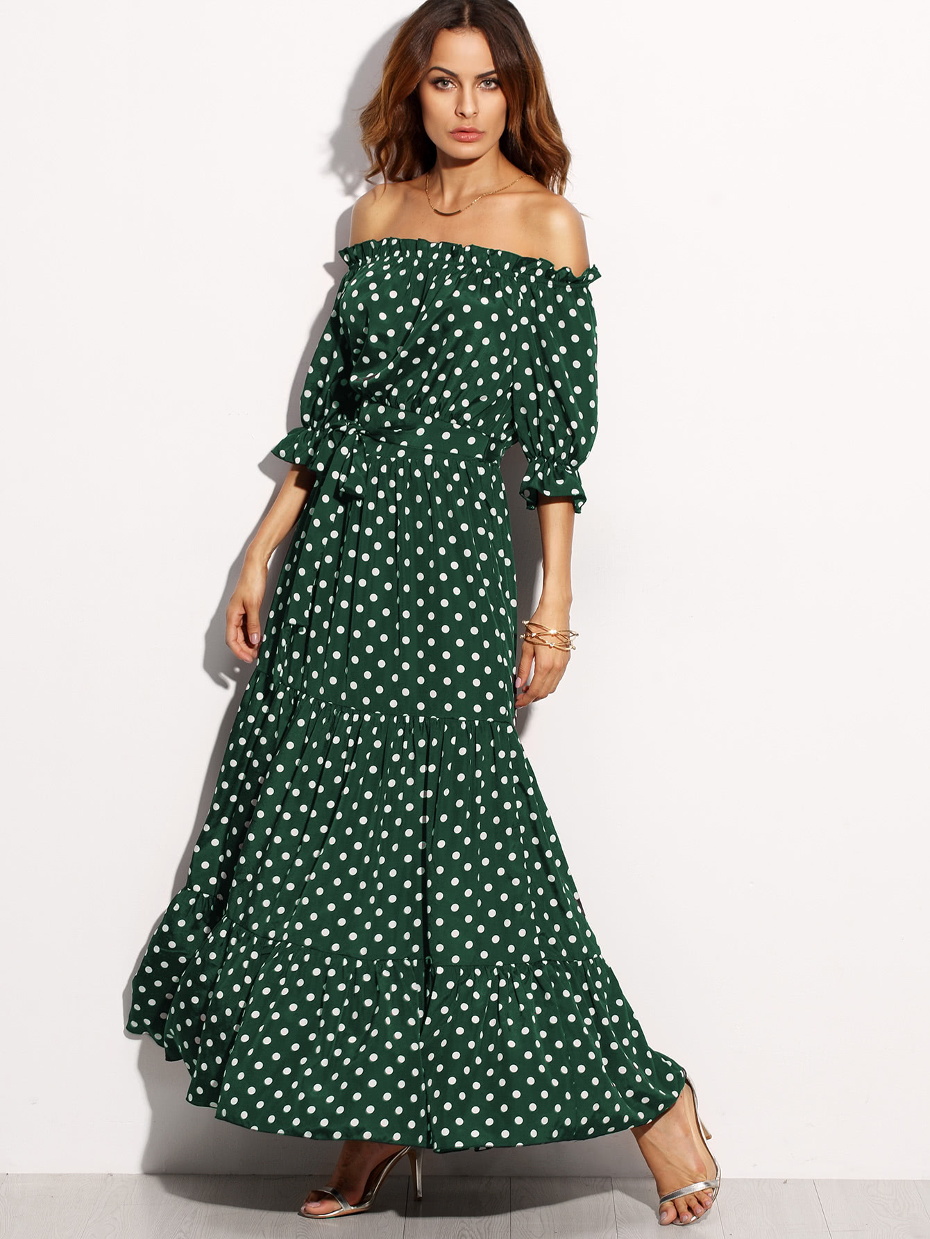 цены Polka Dot Bardot Neckline Tie Waist Dress
