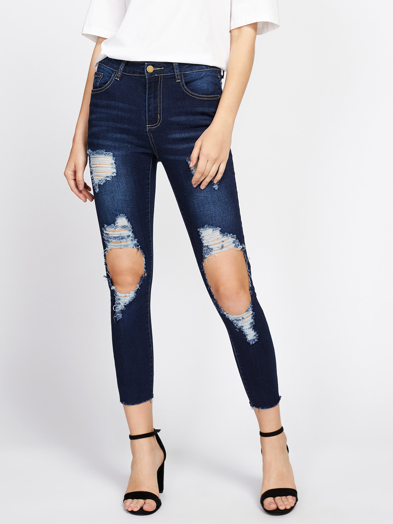 Raw Hem Shredded Rips Jeans SheIn(Sheinside)