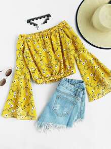 Off Shoulder Fluted Sleeve Ditsy Print Blouse