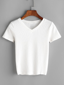 Off White V-cut Ribbed Tshirt