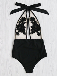 Flower Embroidery Halter Mesh Swimsuit