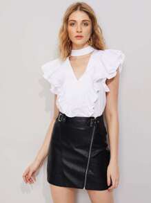 Choker Neck Layered Flutter Sleeve Blouse Bodysuit
