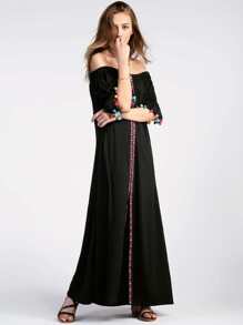 Bardot Embroidered Tape Detail Pom Pom Slit Dress