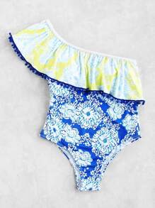 Calico Print One Shoulder Flounce Swimsuit