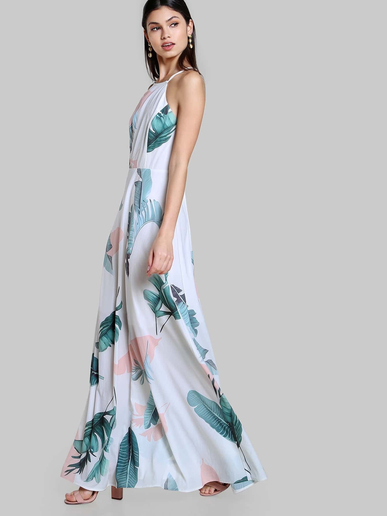 Foliage Print Racer Halter Neck Open Back Maxi Dress SheIn(Sheinside)