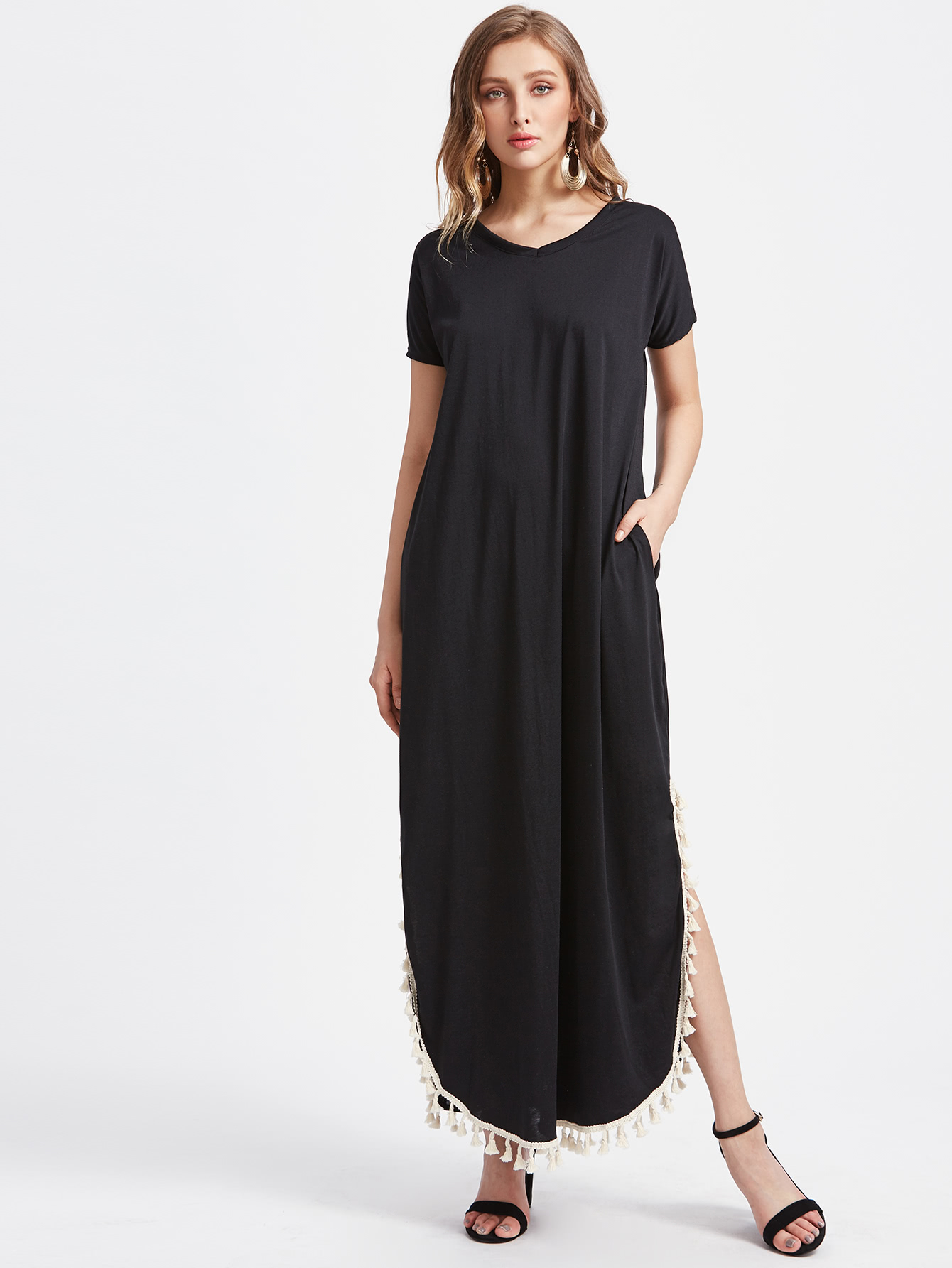 Slim Cut Side Longdress - Tassel Trim Side Split Maxi Dress Shein Sheinside slim cut side longdress tassel trim side split maxi dress shein sheinside