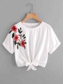 Knot Front Cuffed Embroidered Tee