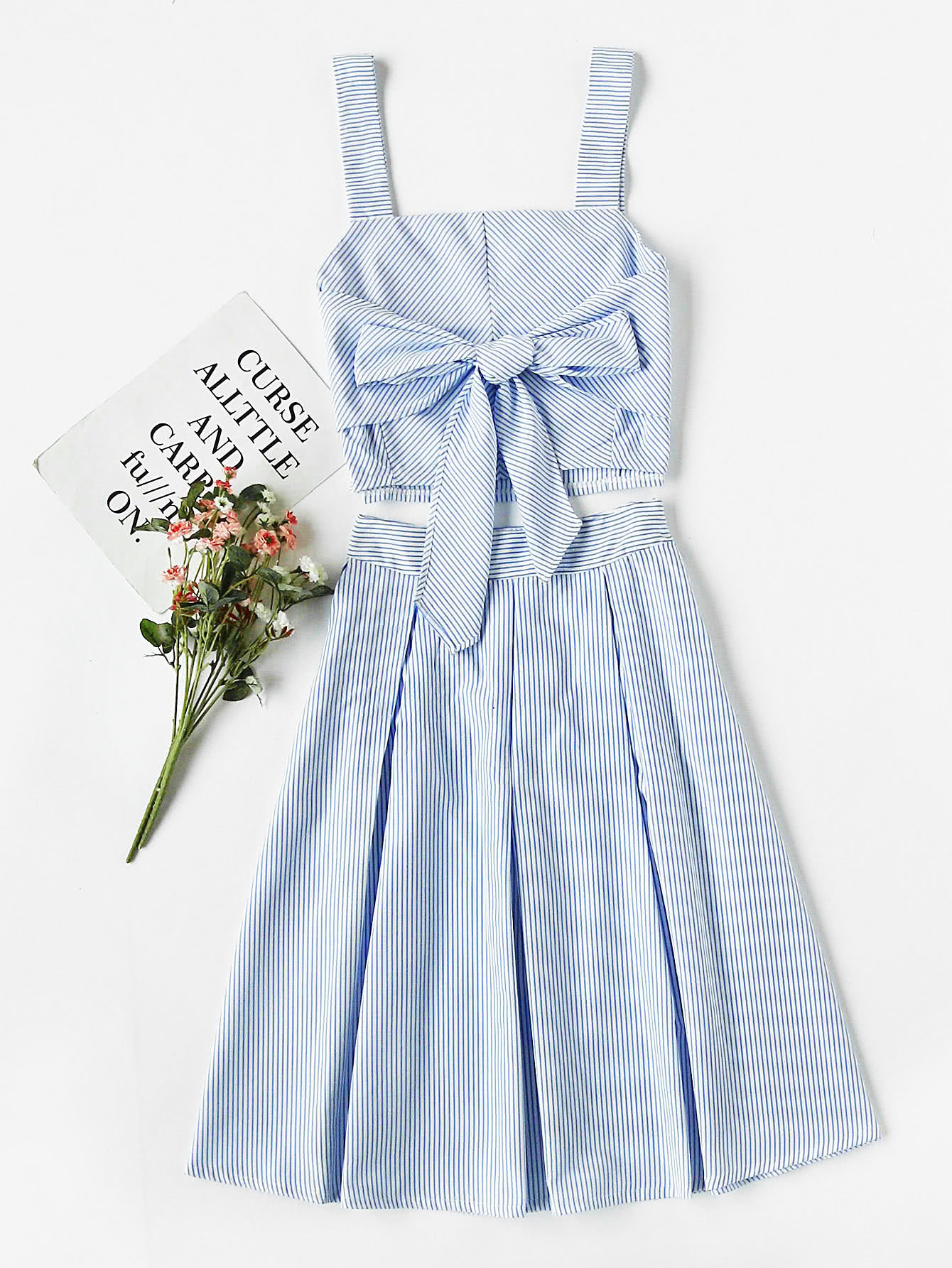 Striped Bow Tie Crop Cami Top With Box Pleated Skirt