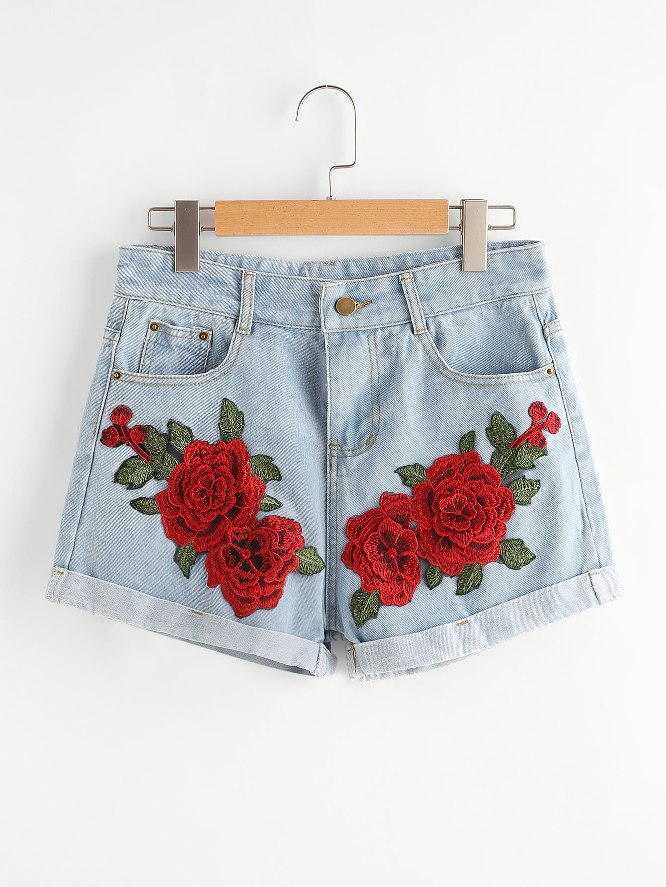 Rose Embroidered Applique Cuffed Denim Shorts SheIn(Sheinside)