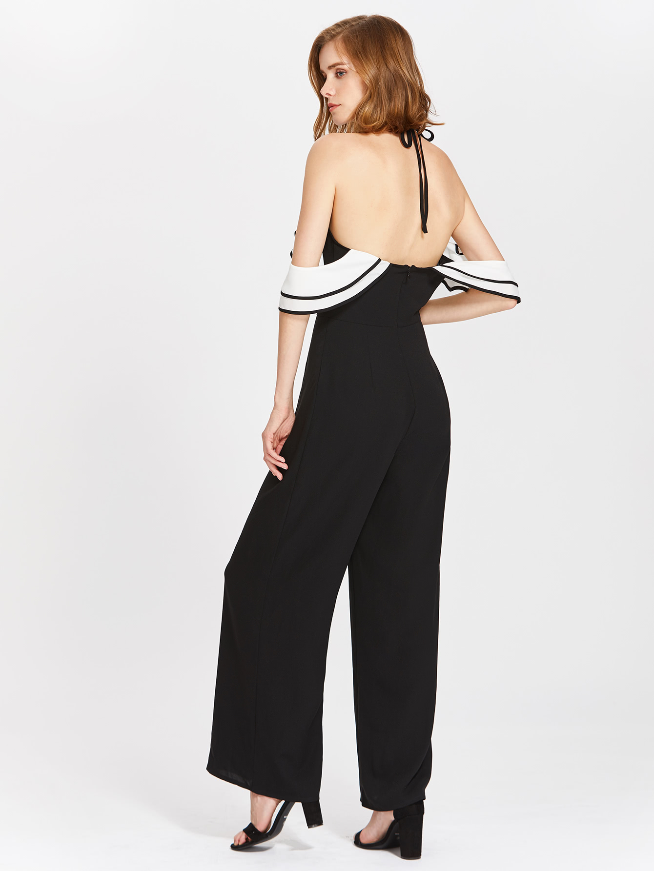 Culotte Jumpsuit With Contrast Frilled Draped Sleeve SheIn(Sheinside)