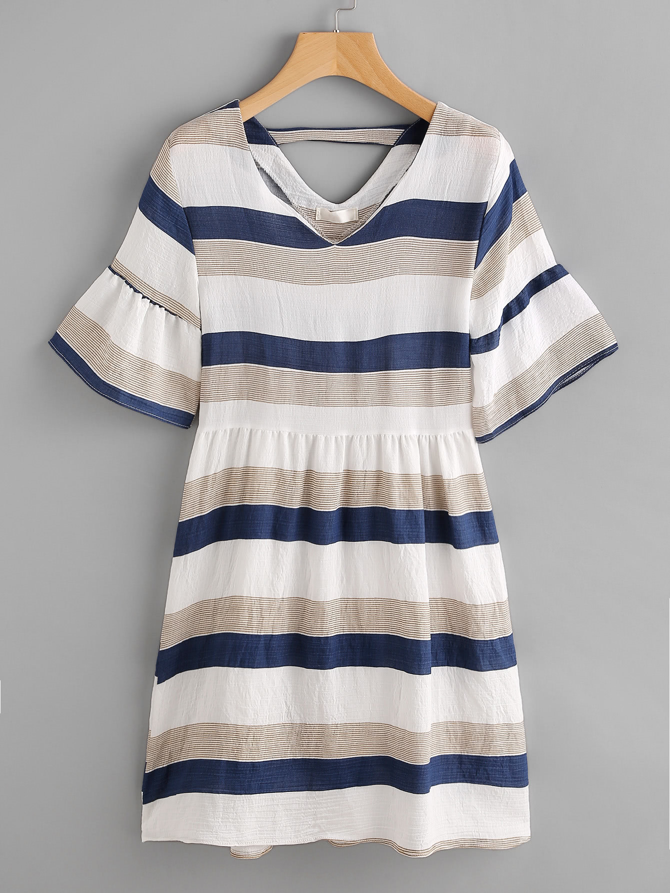 Contrast Striped Double V Fluted Sleeve Dress