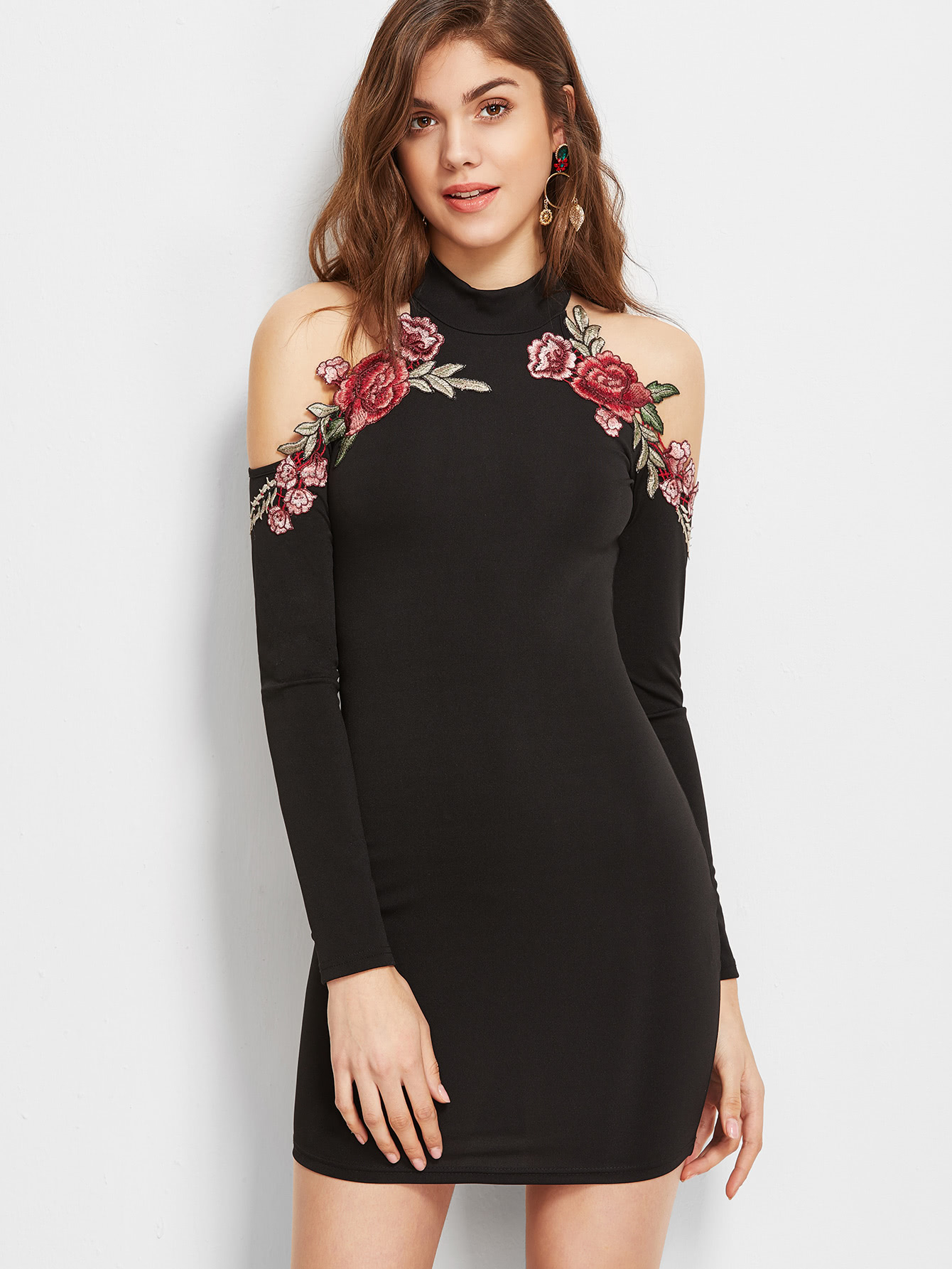 Halter Cold Shoulder Embroidered Appliques Dress