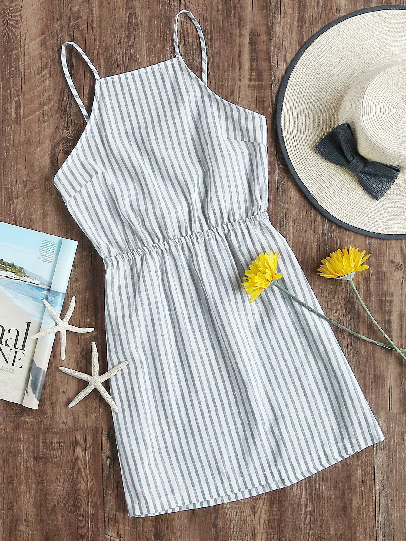 Vertical Striped Bow Tie Open Back Cami Dress